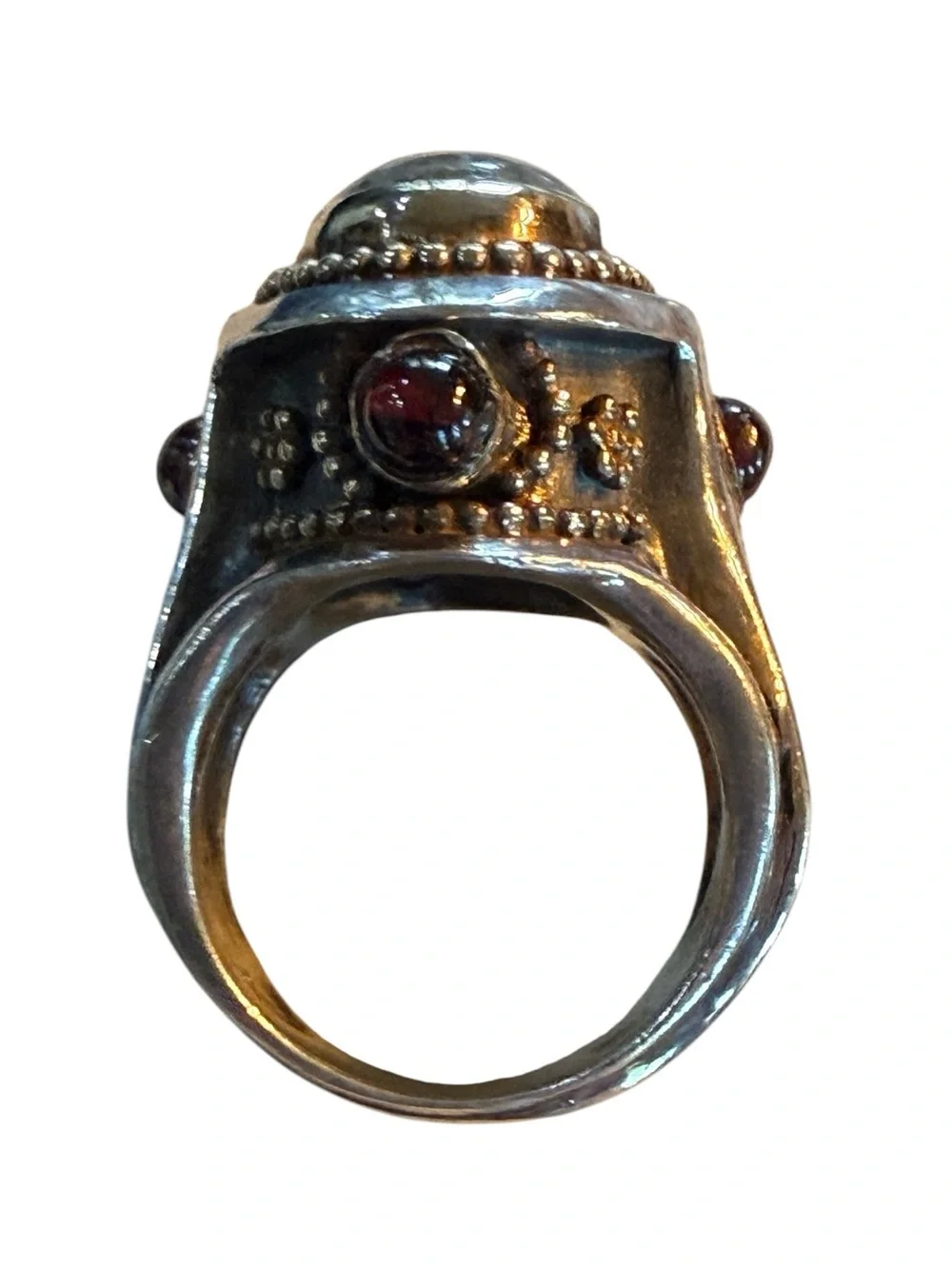 Sterling Silver and Brass Oval Labradorite and Garnet Cabochon Ring sz 6